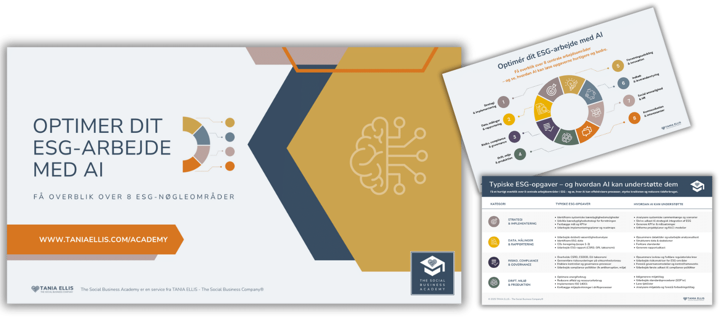 Infografik med overskriften ‘Optimér dit ESG-arbejde med AI’, der viser en cirkulær model med 8 centrale arbejdsområder inden for ESG. Områderne er: 1) Strategi, politikker og implementering, 2) Data, målinger og rapportering, 3) Risiko, compliance og governance, 4) Drift, miljø og produktion, 5) Forretningsudvikling og innovation, 6) Indkøb og leverandørstyring, 7) Social ansvarlighed, DEI og HR samt 8) Kommunikation og interessenter. Infografikken forklarer, hvordan AI kan understøtte og effektivisere ESG-arbejdet.